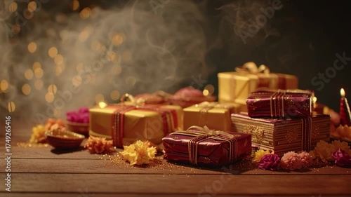 Beautiful Diwali gift boxes arranged with sweets and glowing golden smoke in the background for a festive vibe.