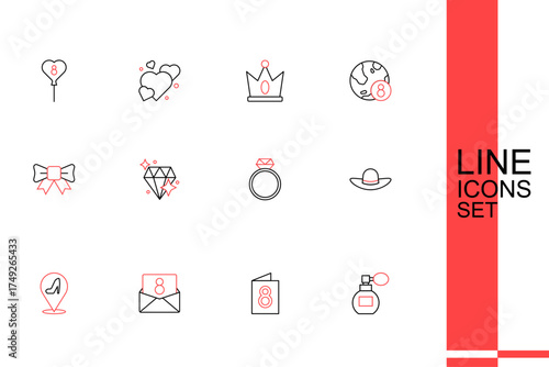 Set line Perfume, Greeting card with 8 March, Envelope, Woman shoe, Elegant women hat, Diamond engagement ring, and Gift bow icon. Vector