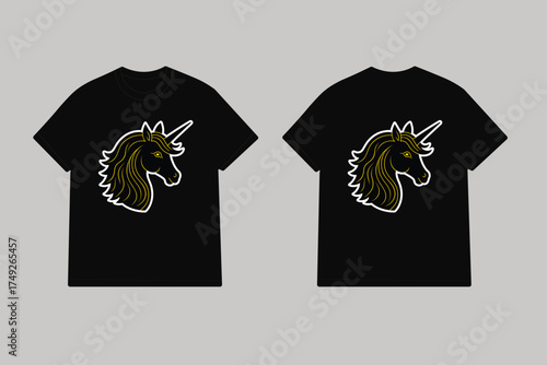 Black t shirts with yellow unicorn head graphic vector