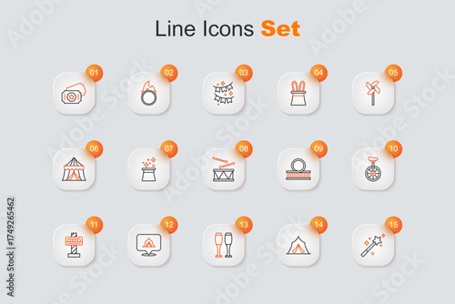 Set line Magic wand, Circus tent, Bowling pin, Attraction carousel, Unicycle, Roller coaster and Drum with drum sticks icon. Vector