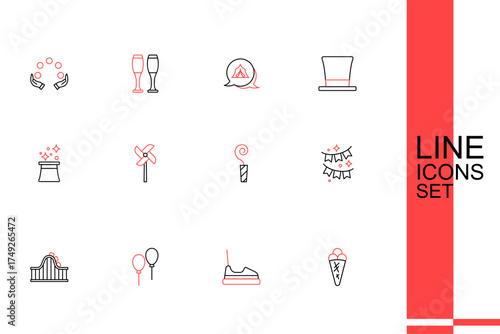 Set line Ice cream in waffle, Bumper car, Balloons with ribbon, Roller coaster, Carnival garland flags, Birthday party horn, Pinwheel toy and Magician hat icon. Vector