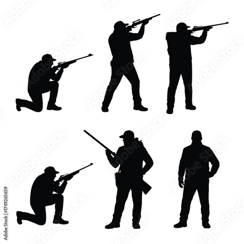 Set of six black silhouette illustrations of men with hunting rifles in various poses silhouette