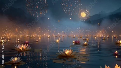 Beautiful floating lotus diyas illuminating calm water on a serene Diwali night, creating a peaceful festive ambiance.