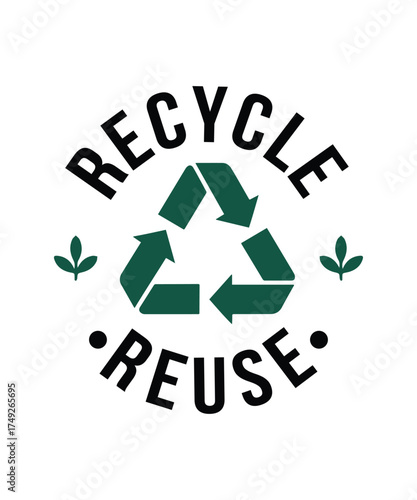 Eco friendly t shirt design featuring recycle and reuse symbols with climate action theme