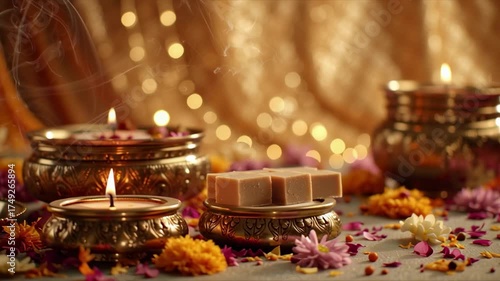 Delicious Diwali sweets arranged with candles and flowers, capturing the essence of traditional festive celebration.