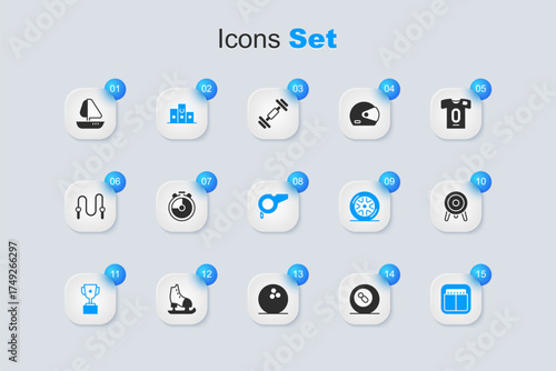 Set Billiard pool snooker ball, Stopwatch, Award over sports winner podium, cup, Sport mechanical scoreboard, Target, Yacht sailboat and Whistle icon. Vector