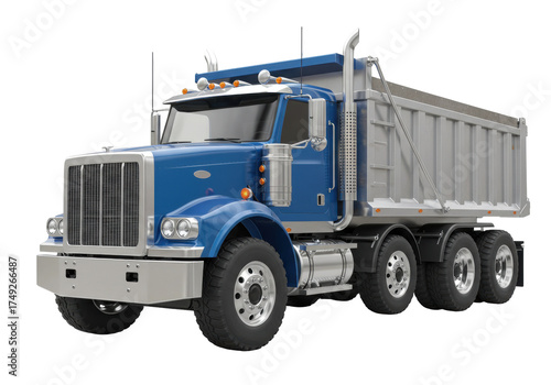 Blue dump truck isolated on transparent background, heavy construction vehicle for hauling materials and industrial transport