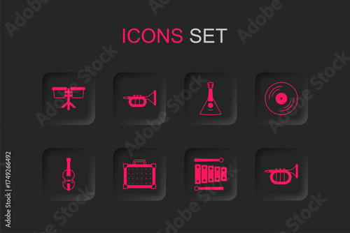 Set Guitar amplifier, Trumpet, Bongo drum, Xylophone, Vinyl disk, Balalaika and Violin icon. Vector