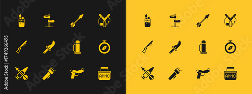 Set Slingshot, Flashlight, Thermos container, Pistol or gun, Hunter knife, Medieval arrow, Lighter and Road traffic sign icon. Vector