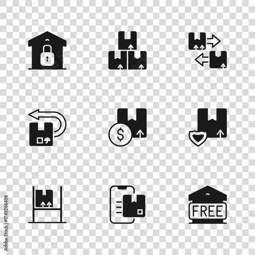 Set Document tracking marker, Delivery security with shield, Free storage, Carton cardboard box, Cardboard traffic symbol, Closed warehouse, and Return icon. Vector