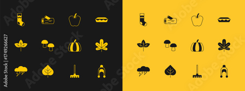 Set Homemade pie, Leaf, Pumpkin, Garden rake, Mushroom, Apple, Socks and Wooden log icon. Vector