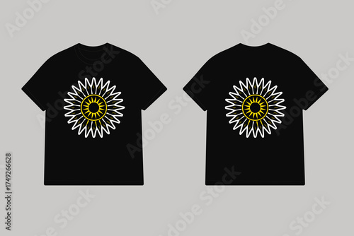 Black tshirts with sunburst graphic yellow sun white rays