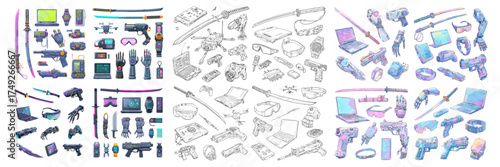 Collection of modern gadgets and tech devices including cameras, VR headsets, drones, and smart gear in outline and color styles. Perfect for technology design, infographic, or concept art.