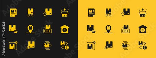 Set Carton cardboard box, Search package, Cardboard with free symbol, Location, Waybill and traffic icon. Vector