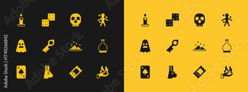 Set Voodoo doll, Rabbit with ears, Magic powder, Circus ticket, Old magic key, Skull, Burning candle and Game dice icon. Vector