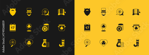 Set Wooden barrel on rack, Heart with clover trefoil leaf, Golden leprechaun coin, Money bag, Clover, Mustache and beard and Leprechaun icon. Vector
