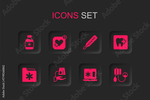 Set Blood donation, Mobile with heart rate, Bottle of medicine syrup, Clinical record laptop, Dental clinic location, pressure, Medical thermometer and health folder icon. Vector