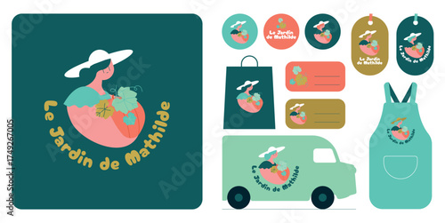 Branding and Color vector farm logo with woman holding a pumpkin
