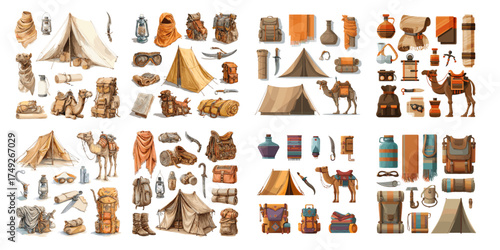 Collection of desert expedition equipment including tents, camels, backpacks, and travel gear in vintage style. Perfect for adventure illustration, explorer theme, and travel concept art.