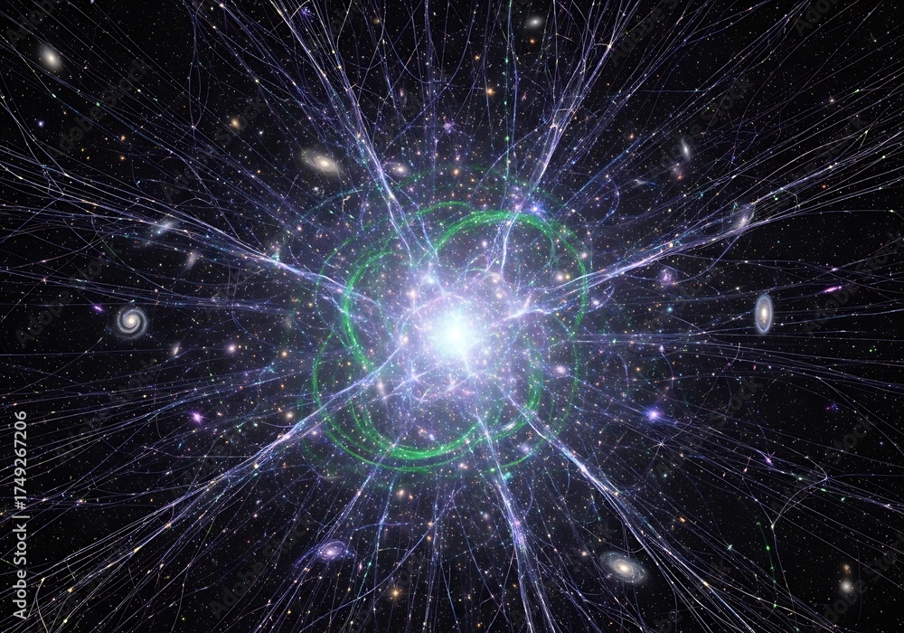 Fototapeta premium Complex cosmic nexus reveals an interconnected astral network within distant universes filled with light