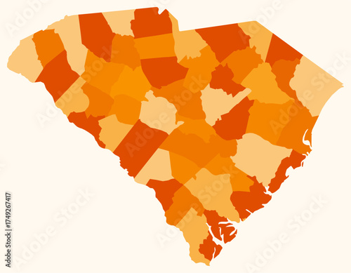 Map of South Carolina with counties. Just a simple state border map with county division. Orange color palette. Blank State of South Carolina shape with administrative division. Vector illustration.