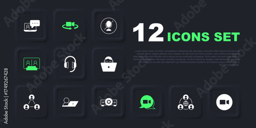 Set Meeting, Video chat conference, Headphones, 360 degree view and Movie, film, media projector icon. Vector