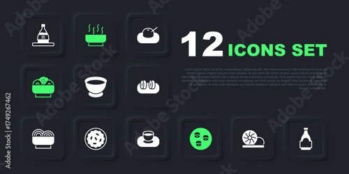 Set Xiao long bao, Soy sauce bottle, in bowl, Sushi, Chow mein plate, Homemade pie, Ramen soup and icon. Vector