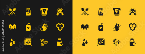 Set Best bee, Stop, Bee and honeycomb, Bees, Cosmetic tube with, Bread, Honey dipper stick and Jar of icon. Vector