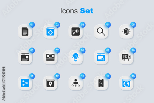 Set Magnifying glass and mobile, Stacks paper money cash, Browser setting, Share, Worldwide, Advertising truck, File document and Light bulb icon. Vector