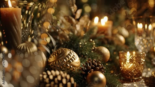 A beautifully set holiday dinner table adorned with glowing candles and festive decorations. Perfect for warm gatherings filled with joy and celebration.