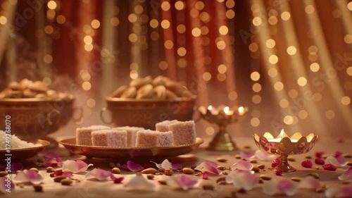 An elegant display of Indian sweets on a decorative platter illuminated by soft golden lights. A delightful scene capturing the essence of celebration and indulgence.