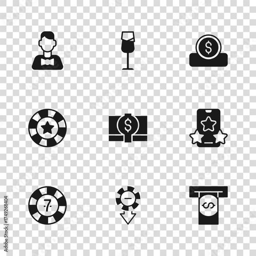 Set Casino chips, Online sports betting, Automated teller machine and money, Stacks paper cash, Coin with dollar, dealer, Wine glass and icon. Vector