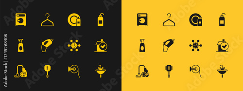 Set Antibacterial soap, Toilet brush, Bacteria, paper roll, Portable vacuum cleaner, Dishwashing bottle and plate, Washer and Hanger wardrobe icon. Vector