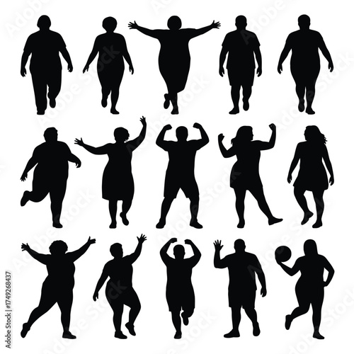 Diverse collection of plus-size silhouette illustrations in dynamic poses vector graphics silhouette