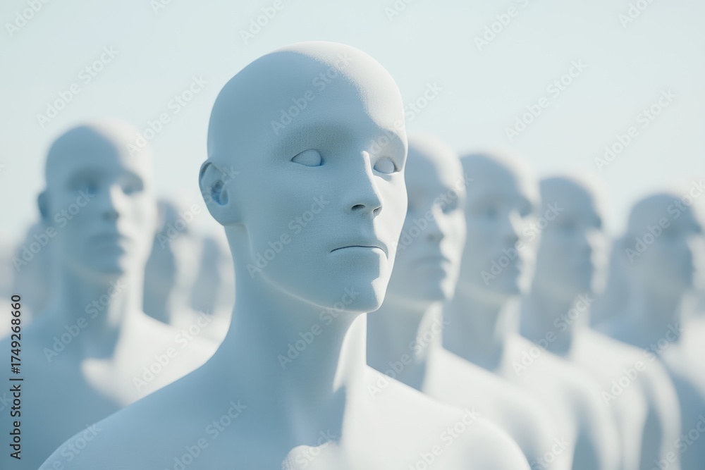 Obraz premium Minimalist depiction of AI-generated human avatars in a serene setting