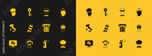 Set French man, Coffee maker moca pot, Ancient column, Perfume, Leaning tower in Pisa, Carnival mask, Italian cook and Old key icon. Vector