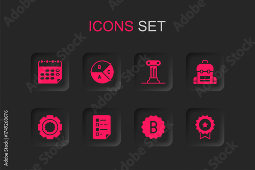 Set Clipboard with checklist, Pie chart infographic, School timetable, Exam paper incorrect answers, backpack, Medal star, Law pillar and Gear icon. Vector