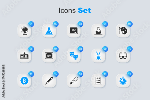 Set Abacus, Certificate template, Test tube, Exam paper with incorrect answers, Stopwatch, Glasses, Earth globe and Comedy and tragedy masks icon. Vector