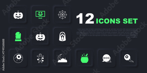Set Boo speech bubble, Eye, Pumpkin, Halloween witch cauldron, Tombstone with RIP written, Voodoo doll, Happy holiday and Moon and stars icon. Vector