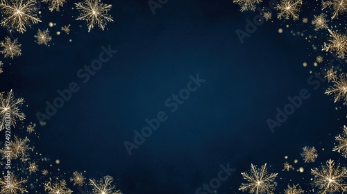 Gold snowflake border — dark blue background for holiday cards, invitations and presentation backgrounds