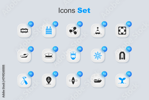 Set Jet ski, Captain hat, Striped sailor t-shirt, Crossed oars paddles boat, Whale tail, Inflatable with motor, Nautical rope knots and of ship icon. Vector