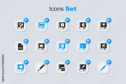 Set Book about weapon, Photo album gallery, cinema, Financial book, Pen, ecology, Phone and icon. Vector