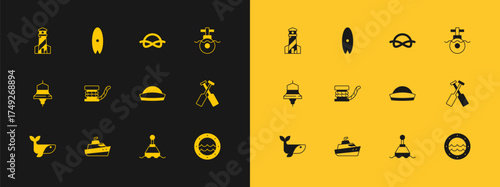 Set Submarine, Speedboat, Sailor hat, Floating buoy, Marine bollard with rope, Nautical knots, Lighthouse and Surfboard icon. Vector
