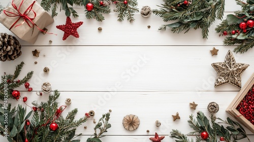 Christmas flatlay on white wooden background — red, green & natural brown for holiday cards, invitations and seasonal backgrounds