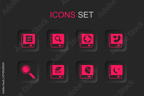 Set Book about ecology, women, Law book, Phone, Holy of Koran, Earth globe and and Magnifying glass icon. Vector