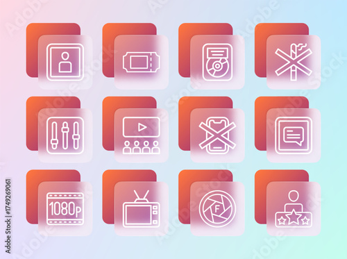 Set line No smoking, Retro tv, cell phone, Camera shutter, Cinema auditorium with screen, CD disk award frame, Play Video and ticket icon. Vector