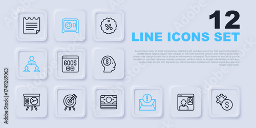 Set line Video chat conference, Gear with dollar symbol, Monitor, Envelope, Employee hierarchy, Target financial goal, Safe and Stacks paper money cash icon. Vector