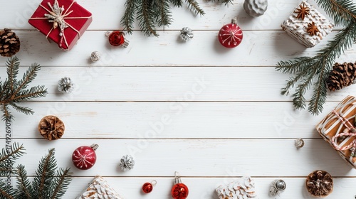 Christmas flatlay on white wooden background — red, green & natural brown for holiday cards, invitations and seasonal backgrounds