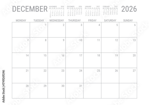 December 2026 Calendar  Monthly Planner Printable A4 Monday Start	