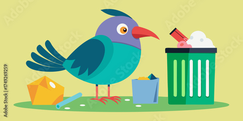 Cartoon bird pecking at trash can with colorful waste scattered  